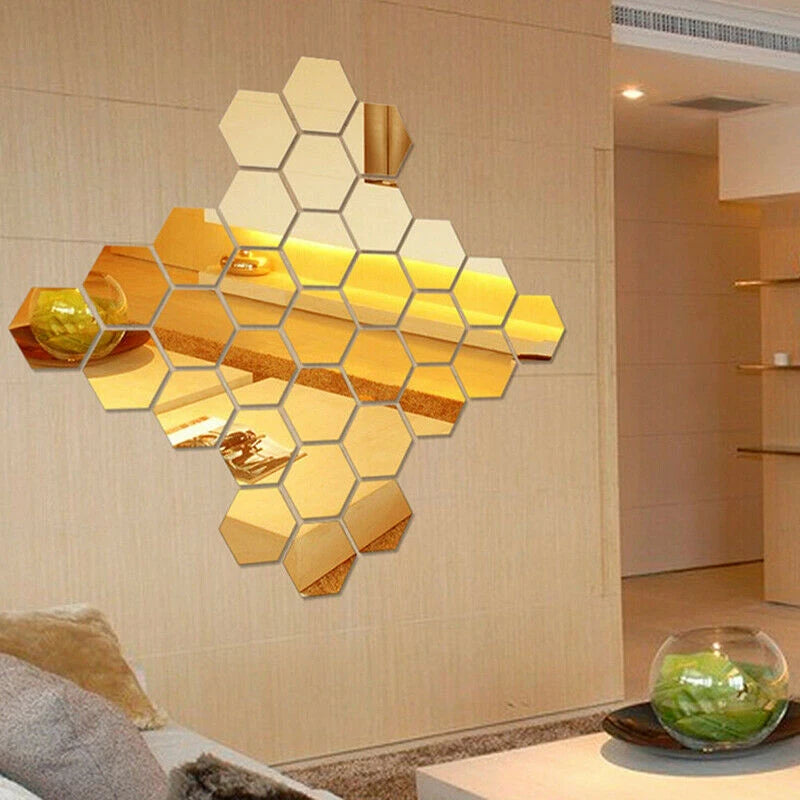 Miroirs adhésifs décoratifs hexagonaux - 12pcs