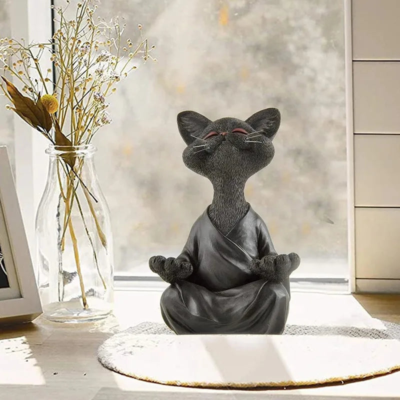 Sculpture de chat Zen en méditation, résine peinte à la main